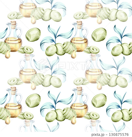 Olives and olive oil seamless pattern background wallpaper inspired by Italian cuisine and nature featuring vibrant watercolor illustrations of olives olive branches and bottles of oil showcasing the 130875576