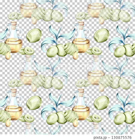 Olives and olive oil seamless pattern background wallpaper inspired by Italian cuisine and nature featuring vibrant watercolor illustrations of olives olive branches and bottles of oil showcasing the 130875576