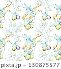 Olives and olive oil seamless pattern background wallpaper in watercolor technique showcasing beauty of Italian cuisine and nature with vibrant colors and delicate detailing 130875577