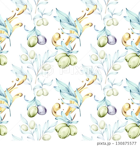 Olives and olive oil seamless pattern background wallpaper in watercolor technique showcasing beauty of Italian cuisine and nature with vibrant colors and delicate detailing 130875577