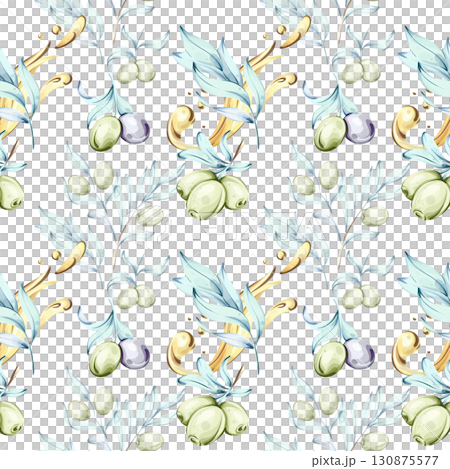 Olives and olive oil seamless pattern background wallpaper in watercolor technique showcasing beauty of Italian cuisine and nature with vibrant colors and delicate detailing 130875577