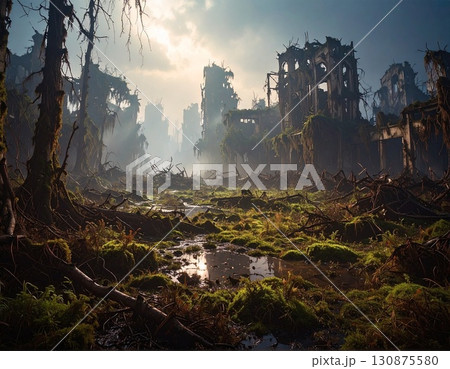 山奥に埋もれた不気味な廃墟の街　ai生成画像 130875580