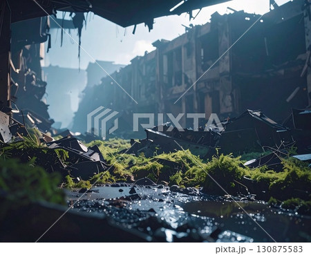 破壊され瓦礫だらけの無人廃墟の街　ai生成画像 130875583