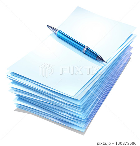 AI-generated item. Blue pen on a stack of paper on transparent background. 130875686