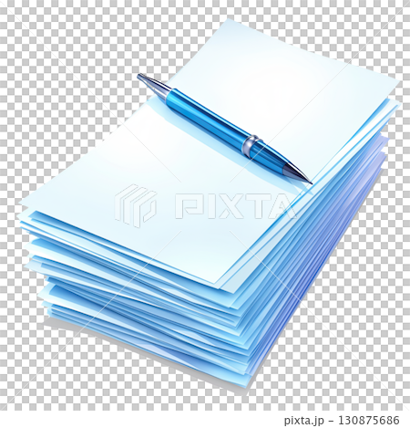 AI-generated item. Blue pen on a stack of paper on transparent background. 130875686