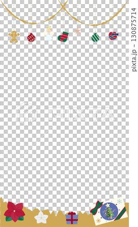 Vertical Christmas frame with ornaments, angels and presents 130875714