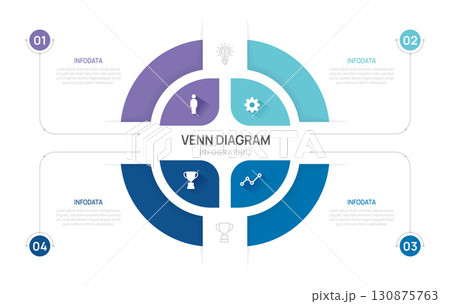 Venn diagram infographic circle chart template for business 2, 4, parts, options, presentation with icons elements vector illustration. 130875763