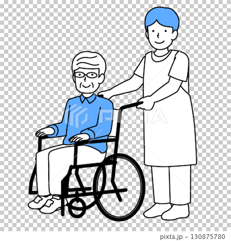 A caregiver assisting an elderly person in a wheelchair 130875780