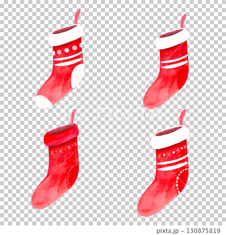 Four red Christmas stockings with white cuffs and decorative patterns Watercolor illustration set isolated on white. Festive holiday clipart, perfect for cards, invitations, decor, wrapping 130875819