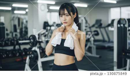 スポーツジムで汗を拭く若い女性 130875849