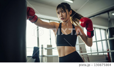 サンドバッグを殴る女性 130875864