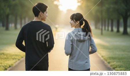 早朝　ランニングをする男女 130875883