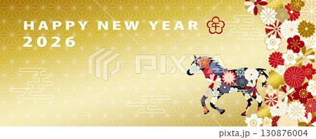 2026年午年　和風花柄の馬の新年のバナー素材 130876004