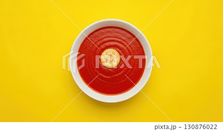 White bowl of classic tomato cream soup with a single cracker on a vibrant yellow background White bowl of classic tomato cream soup with a single cracker on a vibrant yellow background 130876022