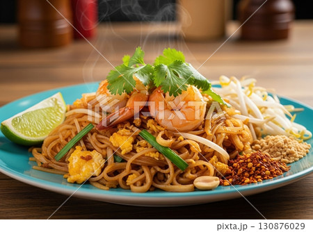 Steaming hot shrimp pad thai noodles with lime chili and peanuts served on a blue plate Steaming hot shrimp pad thai noodles with lime chili and peanuts served on a blue plate 130876029