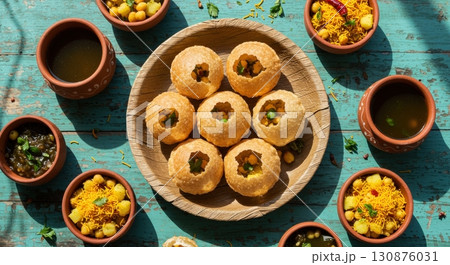 Panipuri or golgappa a popular indian street food served on a rustic blue wooden background Panipuri or golgappa a popular indian street food served on a rustic blue wooden background 130876031