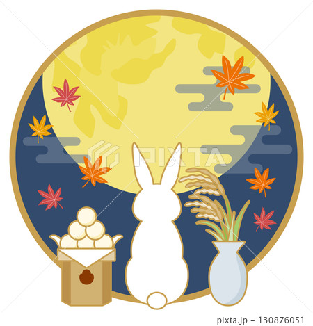 お月見円形_後ろ姿のうさぎ_主線あり 130876051