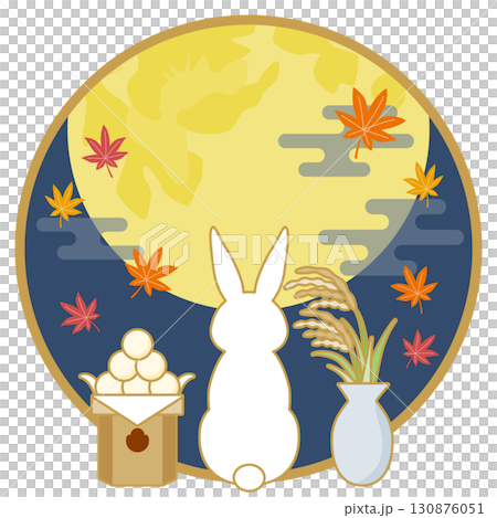 お月見円形_後ろ姿のうさぎ_主線あり 130876051