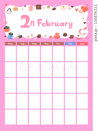 2月のカレンダーテンプレート タイトルイラスト 節分/バレンタイン 2月のカレンダーテンプレート タイトルイラスト 節分/バレンタイン 130876121