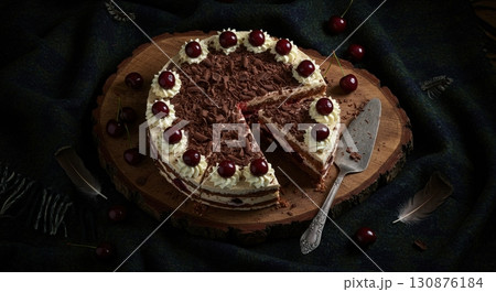Black forest cake with cherries and chocolate shavings on a rustic wood slice on a dark cloth Black forest cake with cherries and chocolate shavings on a rustic wood slice on a dark cloth 130876184