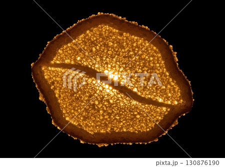 Microscopic image of a single pollen grain backlit by a bright light on a black background 130876190