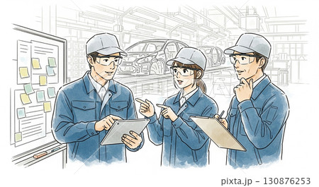 自動車工場で改善策を議論する工場作業員 130876253