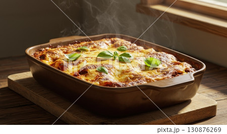 Homemade beef lasagna with melted cheese and basil steaming hot from the oven in a baking dish 130876269