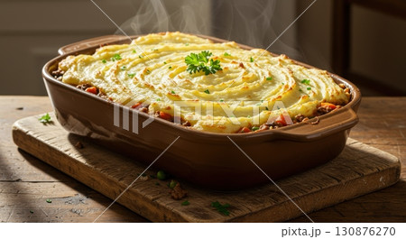 Traditional shepherd's pie with a golden potato topping steaming hot in a rustic kitchen Traditional shepherd's pie with a golden potato topping steaming hot in a rustic kitchen 130876270