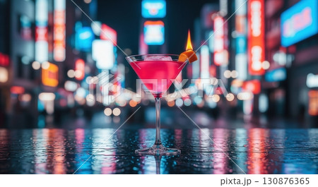 Cosmopolitan cocktail with a flamed orange peel garnish on a wet table in a modern city 130876365