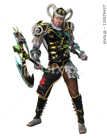 Fantasy Warrior in Black and Gold Armor Holding Battle Axe 130876427