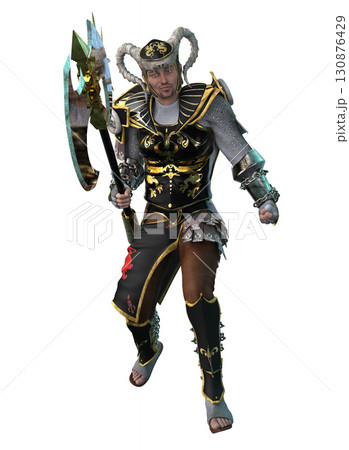 Fantasy Warrior in Black and Gold Armor Holding Battle Axe 130876429