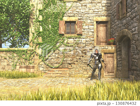 Medieval Knight in Armor Standing in Castle Courtyard 130876432