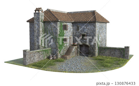 Medieval Stone Cottage with Ivy 3D Illustration 130876433