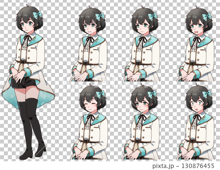 A set of facial expressions for a timid black-haired girl wearing an idol costume A set of facial expressions for a timid black-haired girl wearing an idol costume 130876455
