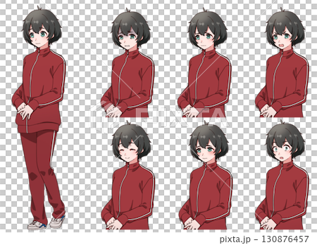 A timid-looking black-haired girl wearing a tracksuit A timid-looking black-haired girl wearing a tracksuit 130876457