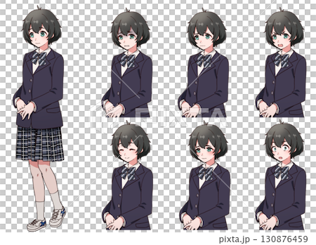 A set of facial expressions for a timid black-haired girl in a uniform 130876459