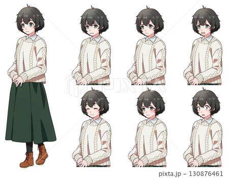 冬服を着た臆病そうな黒髪の女の子の表情セット 130876461