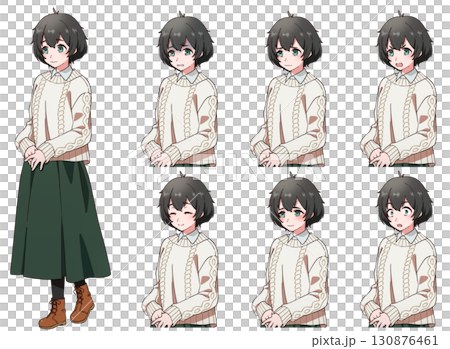 冬服を着た臆病そうな黒髪の女の子の表情セット 130876461