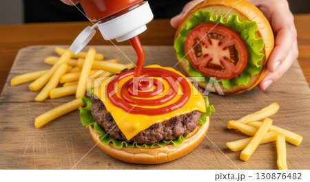 Putting ketchup on a juicy cheeseburger with a beef patty and melted cheese served with fries 130876482