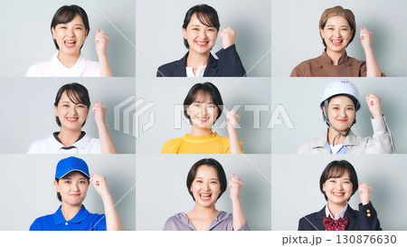 様々な職業の衣装を着たガッツポーズをする同一女性のコラージュ 130876630