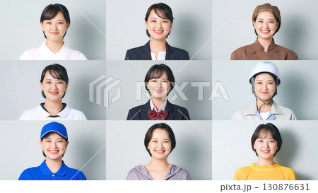 様々な職業の衣装を着た笑顔の同一女性のコラージュ 130876631