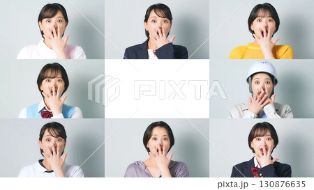 様々な職業の衣装を着た驚く同一女性のコラージュ 130876635