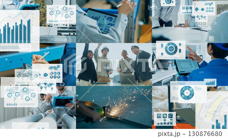 様々な産業シーンのコラージュとビジネスデータ 130876680