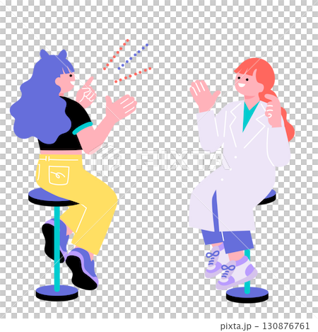 A pop and colorful illustration of a young person from Generation Z having a conversation with a woman in a white coat 130876761