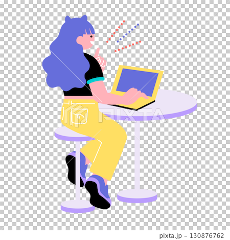 ポップでカラフルなZ世代の若者がパソコンをするイラスト 130876762