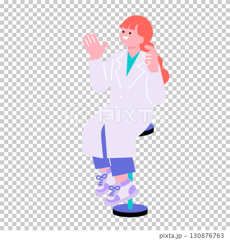 A pop and colorful illustration of a woman in a white coat 130876763