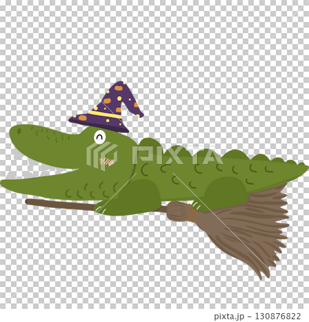 Cute cartoon crocodile wearing a purple witch hat with pumpkin patterns, flying on a broomstick. Fun and playful Halloween themed illustration with a magical fantasy touch. 130876822