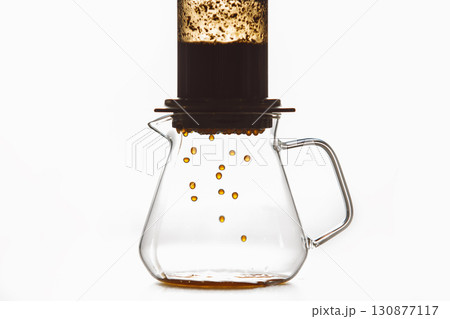 Close up of Brewing by Method of Aeropress Coffee Manually by Created Pressure  130877117