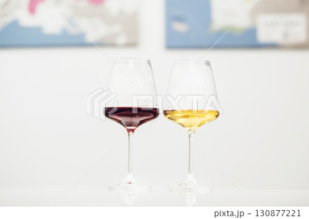 Glasses of Red and White Wine Ready for Tasting at Sommelier School 130877221