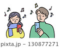 ヘッドホンとイヤホンをつけ、スマートフォンを手に音楽を聴いている男女のイラスト 130877271